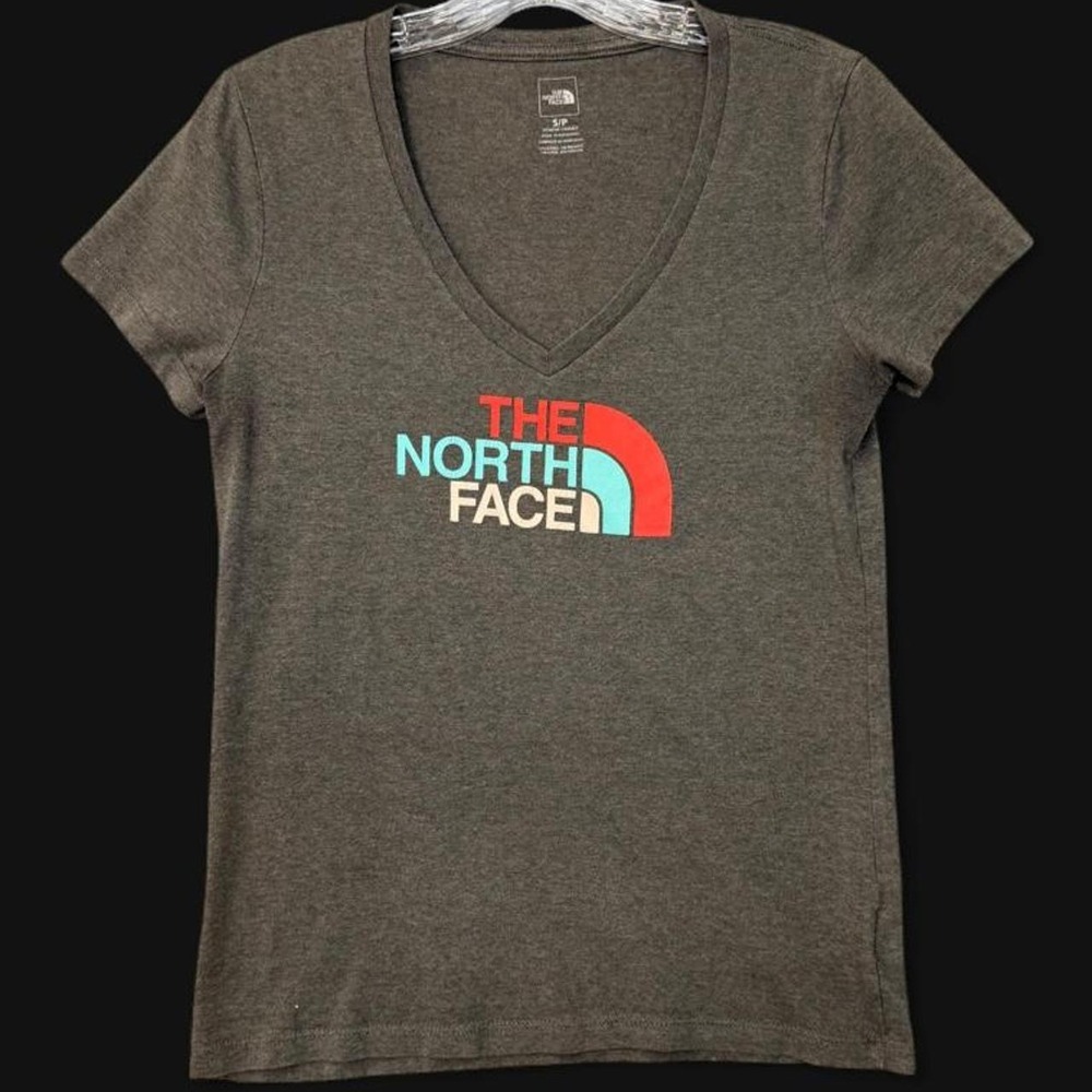 The North Face Women's Small V-Neck T-Shirt Dark Grey Heathered Graphic Logo